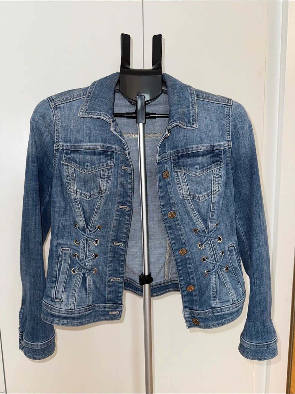 White House Black Market Medium Blue Denim Lace-Up Jean Jacket
